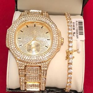 Men’s Gold Finished HipHop Watch&Tennis Bracelet